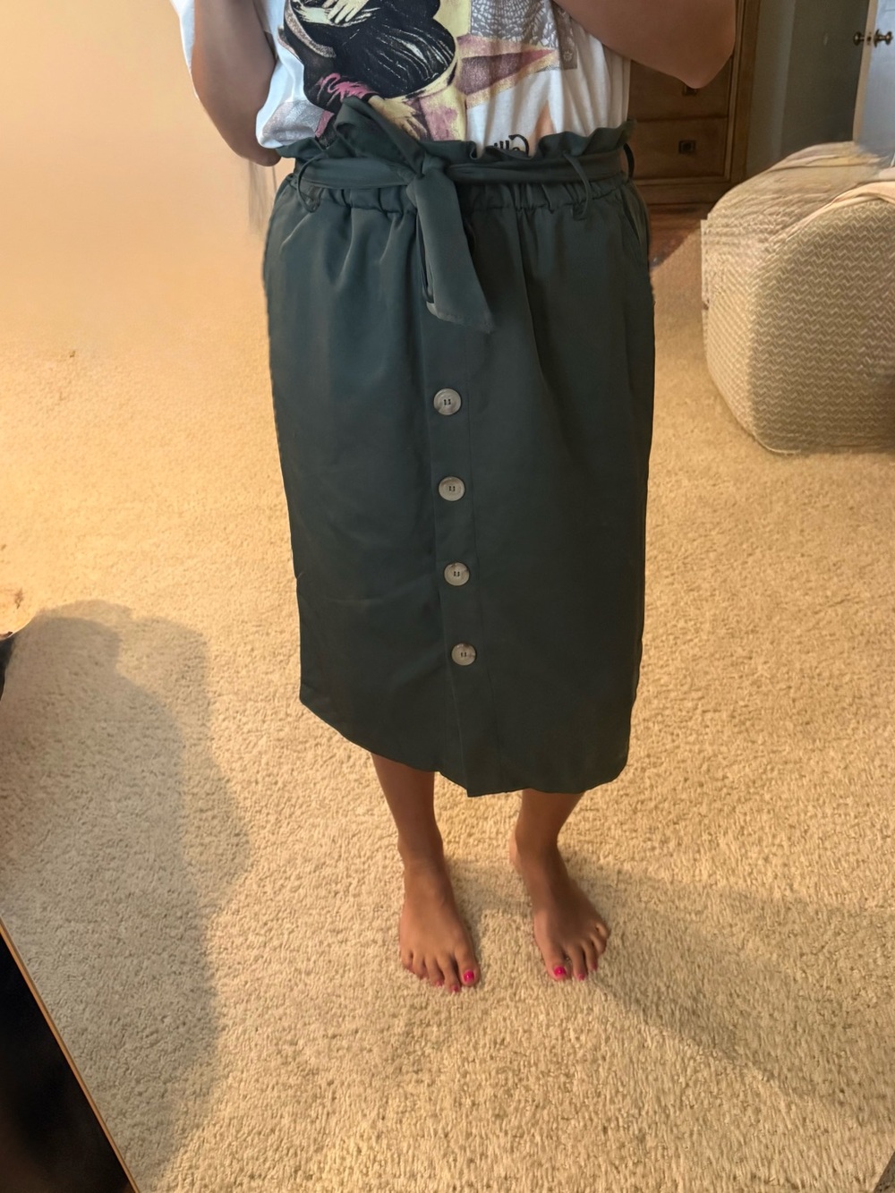 entro Olive Green Paperbag Waist Button-Front Midi Skirt